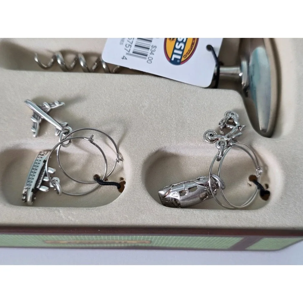 Fossil Silver Wine Accessory Kit Tin Corkscrew Stopper Charm Cork Opener Vintage